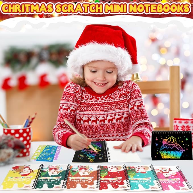 Party Favors for Kids: 16 Pack Christmas Rainbow Scratch Art Notebook Classroom School Supplies Bulk for Girls Boys Goodie Bags Stuffers, Return Gifts for Birthday Party Gift Kid Crafts