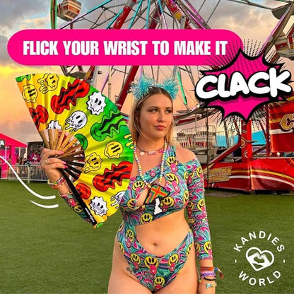 Kandies World UV Reactive Custom Festival Folding Hand Fan - Unique Designs, Made of Bamboo, Clacking Sound, Lightweight - Perfect Rave and Festival Accessory!