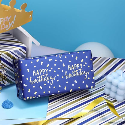 LeZakaa Reversible Blue Birthday Wrapping Paper Roll for Boys Men, Happy Birthday Lettering & Stripe Pattern with Metallic Foil in Navy Blue, Mini Roll, 17 inches x 32.8 Feet (46.45 sq.ft.)