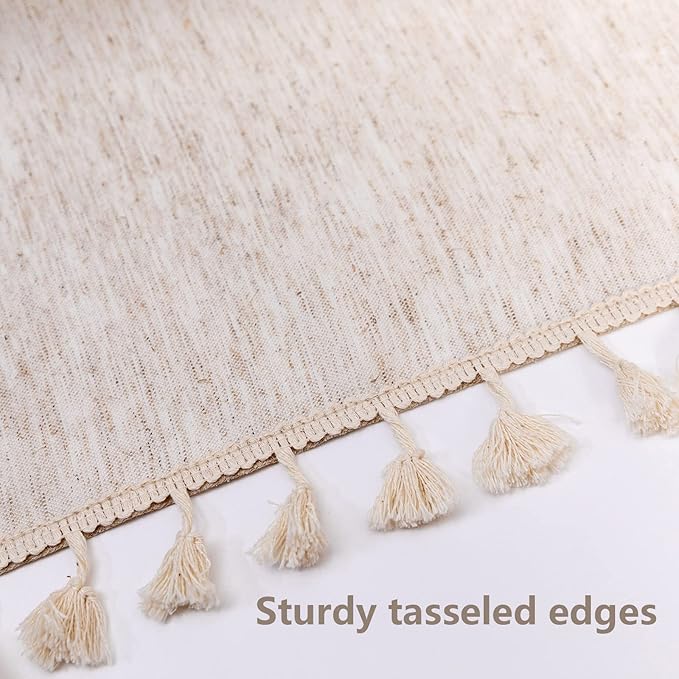 MYSKY HOME Table Cloth 60 in Round Cotton Tablecloth, Heavy Duty Linen Look Waterproof Tablecloths Farmhouse Tablecloth, Soft and Wrinkle Free Table Cover with Beige Tassels for Kitchen Dining, Party