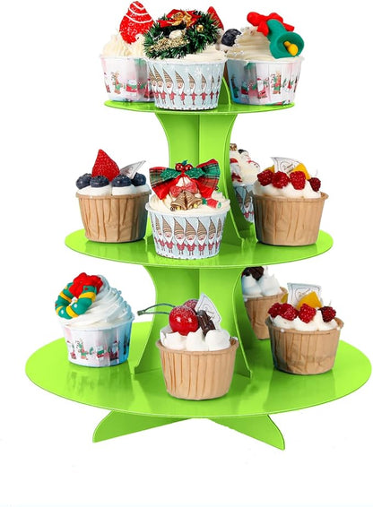 2Pcs 3-Tier Cupcake Stand, Cake Stand holder, Tiered DIY Cupcake Stand Tower for Dessert Table Displays, Birthday Theme Party Favors Decoration, Floral Tea Party, 12" W x 12.8" H, Green
