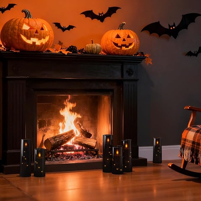 Raycare Flameless Candle with Remote Timer – 5 Flickering Acrylic Battery Operated LED Pillar Candles with Embedded Star String for Halloween, Home Decor, and as a Gift(Black)
