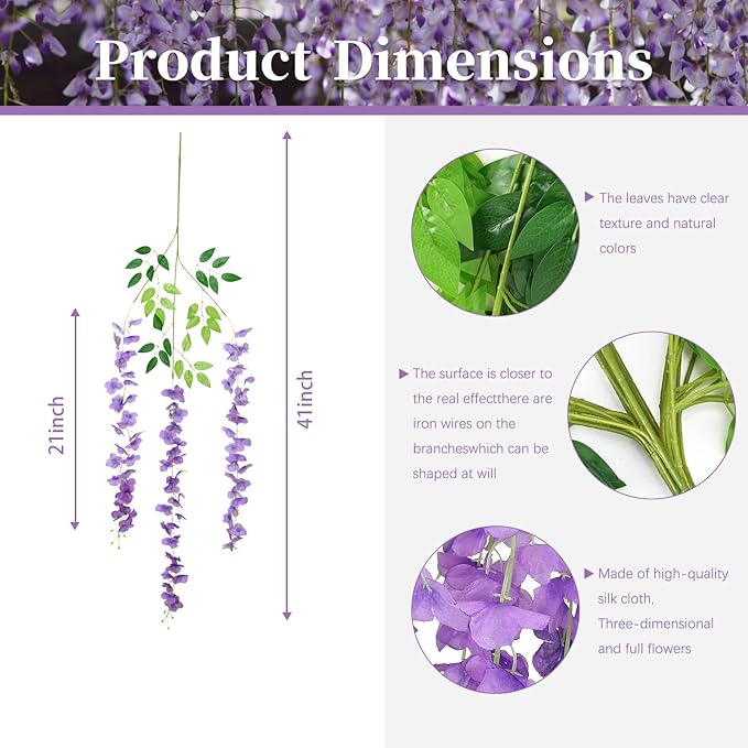 36 Pack Purple Wisteria Hanging Flowers, 3.44 Ft Fake Hanging Flowers, Artificial Wisteria Garland Vines for Wedding Room Backdrop Outdoor Patio Garden Decoration