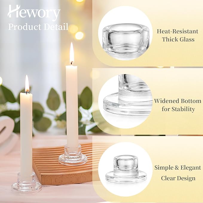 Hewory Glass Taper Candle Holders: 10 PCS Candlestick Holders Clear Short Tapered Candle Holder Set - Candle Stick Holder Decor for Table Centerpiece Wedding Party Advent Christmas Home Decorations