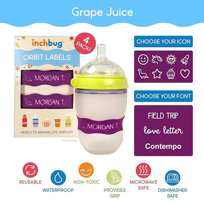 InchBug Orbit Labels - Baby Bottle Name Labels for Daycare, Sippy Cup Bands - Engraved Silicone, Reusable, Dishwasher Safe, White Contrasting Personalization, 4-Pack (Grape Juice)