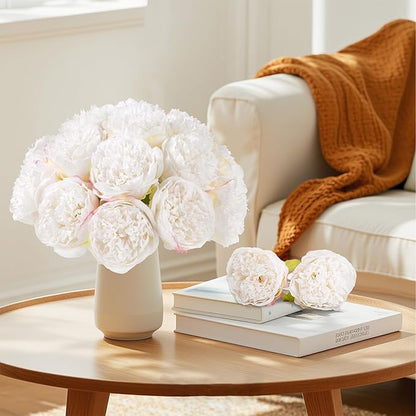 U'Artlines 2 Bouquet 10 Heads Artificial Peony Silk Flower Leaf Home Office Wedding Party Festival Bar Decor (Cream White)