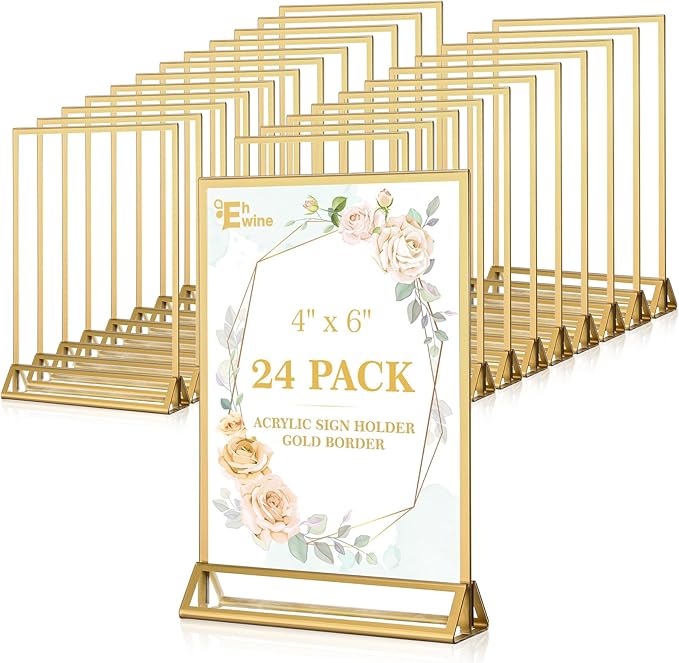 EHWINE 24 Pack Acrylic Sign Holder 4 x 6, Double Sided Gold Picture Frame Stand up Table Top Sign Holders, Clear Display Stand Menu Flyer Holder for Wedding Party