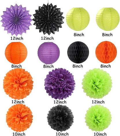Black-Orange Purple Green Halloween Party-Decorations - 14pc Kit Paper Lanterns Fan,Tissue Flower Pom Poms Streamers,Honeycomb Balls,Birthday Supplie Wedding Baby Bridal Shower Decor Lasting Surprise