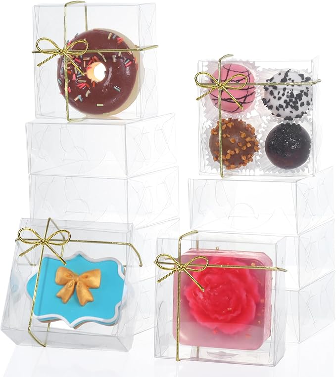 RomanticBaking 3¼"x3¼x1½50PCS Full Clear Cookie Boxes Soap Boxes Chocolate Truffle Boxes,Donut Boxes Macaron Boxes Mini Bakery Boxes Brownie Box Chocolate Covered Strawberry Boxes