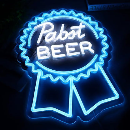 Pabst Beer Neon Signs for Wall Decor，LED Neon Lights Suitable for Man Cave Bar Pub Restaurant Christmas Gift Art 5V Power Adapter, 12 * 15Inch(sky blue+white)