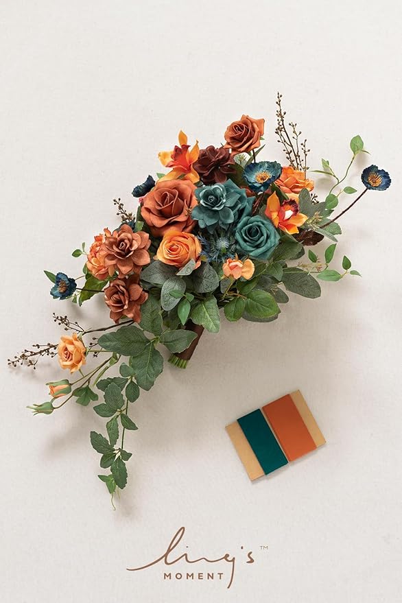 Ling's moment Teal Bridal Bouquet Cascading, Burnt Orange Wedding Bouquets for Bride, 13 Inch Terracotta Rust Fall Artificial Wedding Flower Bouquet