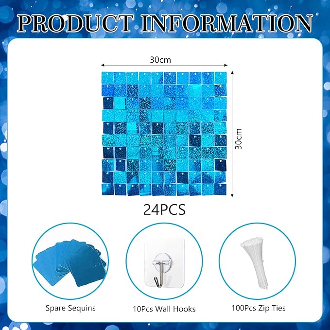24PCS Lake Blue Shimmer Wall Backdrop, Laser Square Sequin Photo Backdrops Panel, Glitter Wall Background for Birthdays, Weddings, Christmas, Engagements, Disco Bachelorette Party Decoration (4FTx6FT)