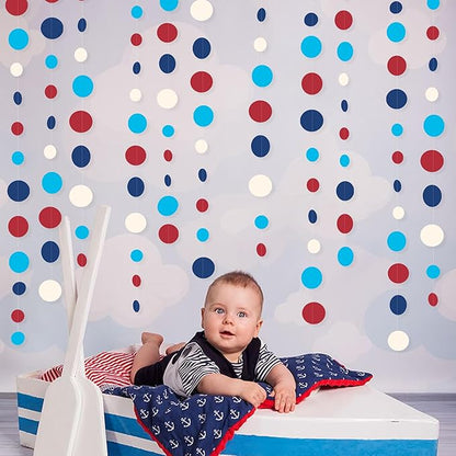 Nautical Party Decorations Circle Dot Garland Navy Blue Red White Hanging Paper Polka Dot Streamer for Nautical Pirate Ahoy Achor Baby Shower Birthday Wedding Bridal Shower Bachelorette Party Supplies