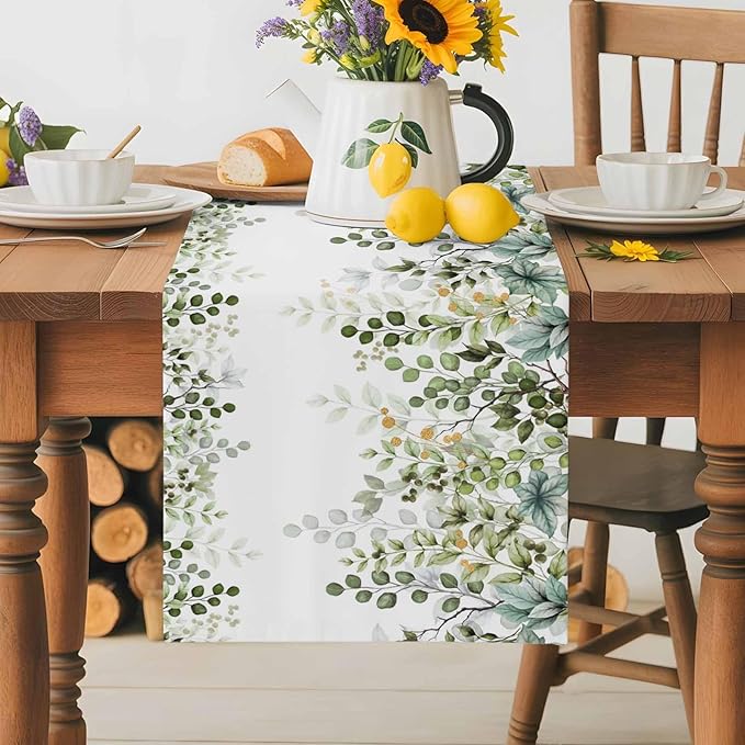 Sage Green Eucalyptus Cotton Linen Table Runner for Dining Kitchen, Farmhouse Leaves Wedding Outdoor Party Tablerunners Decoration Botanical Floral Dresser Scarf Coffee Tablecloth Runners 13x48 Inches