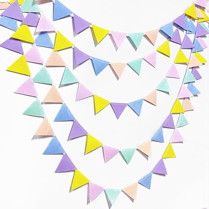 pinkblume Pastel Party Decoration Macaron Felt Hanging Triangle Mini Bunting Pennant Banner Flag for Pastel Colorful Birthday Wedding Baby Shower Engagement Spring Easter Party Classroom Nursery Decor