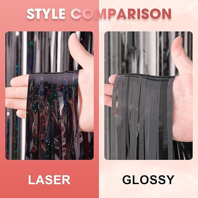 2 Pack Laser Black Tinsel Foil Fringe Curtains, Black Party Decorations, Metallic Tinsel Party Streamers Backdrop for Birthday Halloween Masquerade New Years Gatsby 1920s Party Decorations