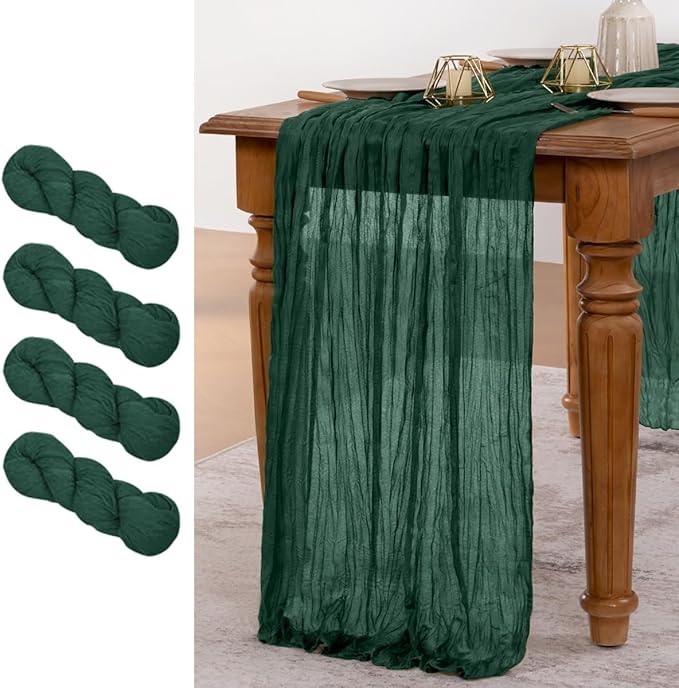 MLMW 4 Pack Christmas Table Runner Cheesecloth Emerald Green Table Runner Boho Cheese Cloth Gauze 160 inch Rustic Table Runner 13.3ft for Party Wedding Baby Bridal Shower Birthday