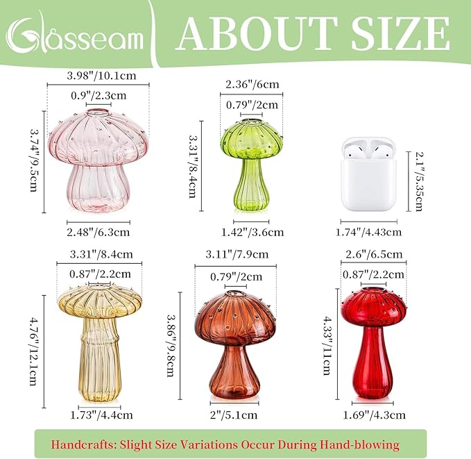 Glasseam Mushroom Glass Planter, Set of 5 Colored Plant Propagation Station, Mini Terrarium for Plants, Unique Small Glass Vase for Flowers, Cute Hydroponic Indoor Planters Gifts for Women Room Decor