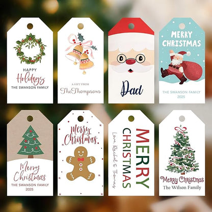 50pcs Custom Merry Christmas Gift Tags Personalized with Your Family Name and Year, Unique Santa Christmas Tree Design Hangtag Party Decorations (Rectangle Tag)