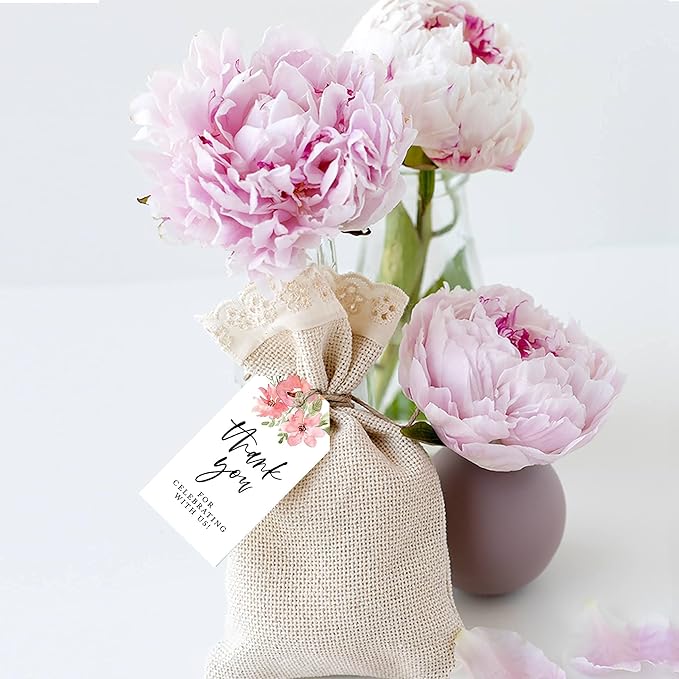 Andaz Press 100-Pack Thank You for Celebrating with Us Favor Tags Coral Watercolor Florals Cardstock Gift Tags with Bakers Twine for Wedding Baby Shower Bridal Shower Party Favors 2 x 3.75-Inches