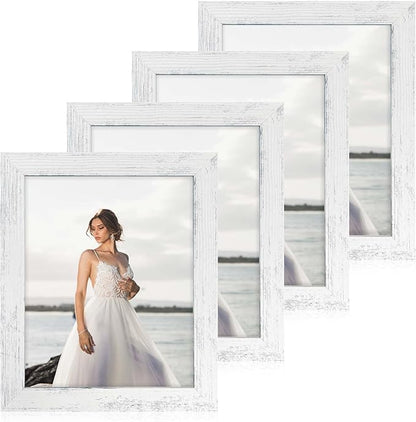 8x10 Picture Frame Set of 4, High Definition Glass Distressed White Frame, 8 x 10 Wood Photo Frames for Tabletop Display and Wall Mounting