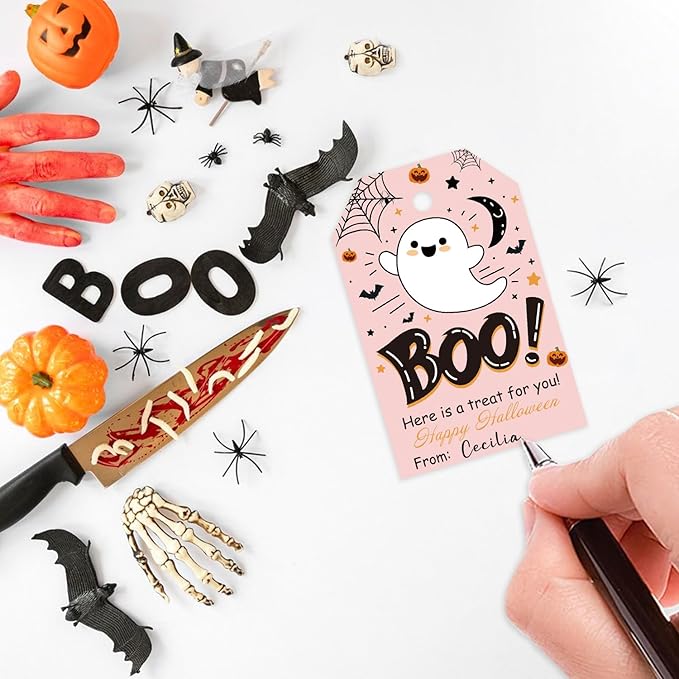 Aukolass 50Pcs Boo Gift Tags, Halloween Treat Tag for Spooky Girl Ghost Party Favor and Gift Wrapping Decoration (Pink Boo)