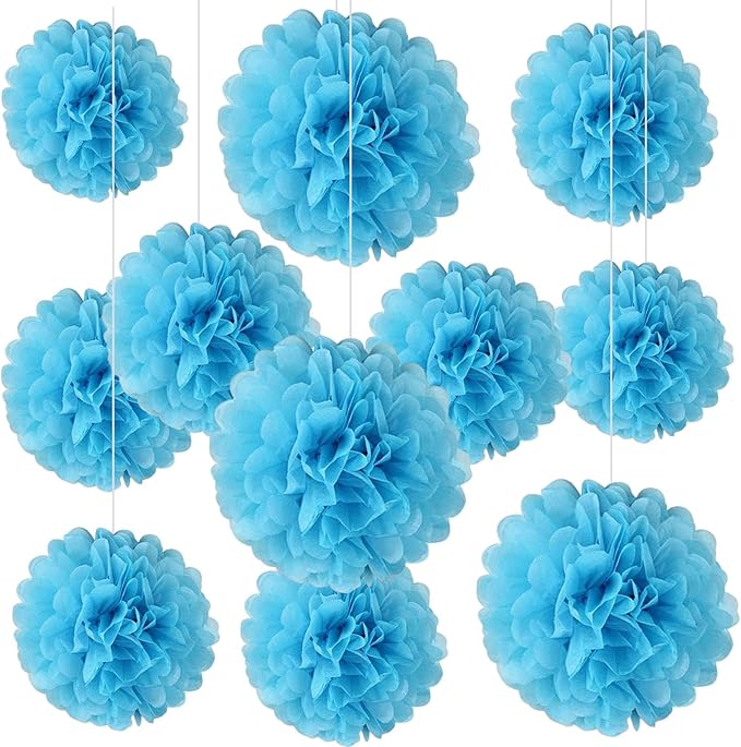 20 PCS Baby Blue Tissue Paper Pom Poms, Tissue Pom Poms Flowers, Sizes of 6", 10", 12", 14" Hanging Paper Flower Ball for Wedding, Birthday, Halloween, Christmas, Baby Shower Party Decor