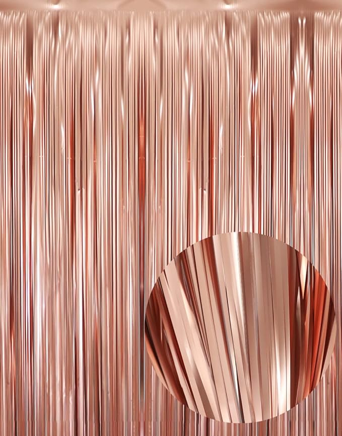 GOER 3.2 ft x 8.2 ft Metallic Tinsel Foil Fringe Curtains Party Photo Backdrop Party Streamers for Birthday,Graduation,New Year Eve Decorations Wedding Decor (3 Pcs,Matte Rose Gold,Thick Material)