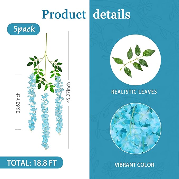 5 Pack Lake Blue Wisteria Hanging Flowers Garland, 3.77 Feet Artificial Flower Vines, Fake Wisteria, Artificial Vines Hanging Garland for Backdrop Outdoor Yard Garden Decor