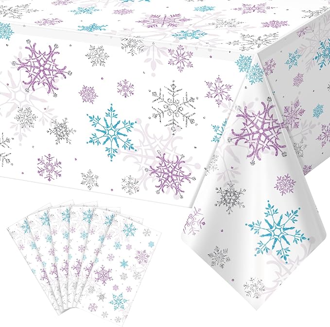 6 Pieces Christmas Snowflake Party Tablecloth Decorations,Plastic Purple and Blue Winter Wonderland Table Cover for Winter Christmas Birthday Holiday Party Decorations and Supplies,54x108 inch