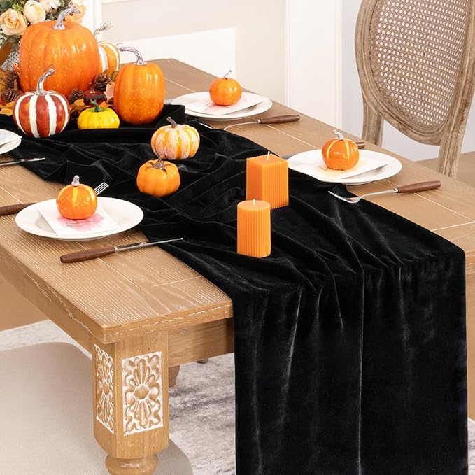 Black Velvet Table Runner Fall Halloween Black Table Runner 20 x 120 Inch Luxurious Elegant Velvet Fabric Thanksgiving Table Decorations for Christmas Dinner Wedding Bridal Baby Shower
