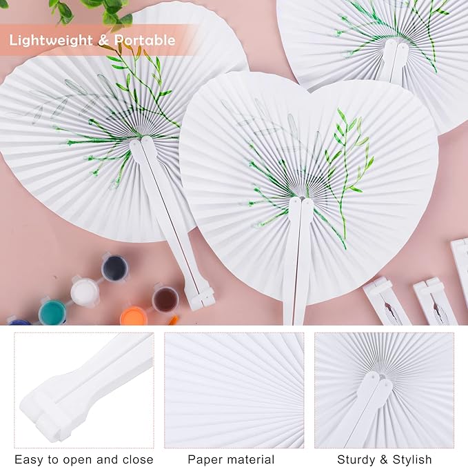 Aodaer 72 Pack Heart Shaped Folding Fans White Paper Fans Handheld Fans with Plastic Handles for Party, Wedding, Anniversary Decoration