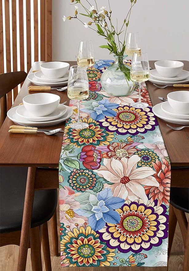 Boho Flowers Cotton Linen Table Runner for Dining Kitchen, Wedding Outdoor Party Tablerunners Decoration, Colorful Floral Farm Vintage Botanical Dresser Scarf Coffee Tablecloth Runners 13x60 Inches