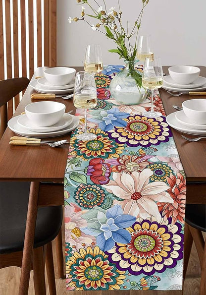 Boho Flowers Cotton Linen Table Runner for Dining Kitchen, Wedding Outdoor Party Tablerunners Decoration, Colorful Floral Farm Vintage Botanical Dresser Scarf Coffee Tablecloth Runners 13x72 Inches