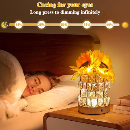 Birthday Gifts for Women/Mom Sunflower Cordless Table Lamp,3 Color Crystal Lamps Touch Bedside Lamps Infinitely Dimming with USB Charge Small Night Light,Nightstand Lamp for Bedroom (Square)