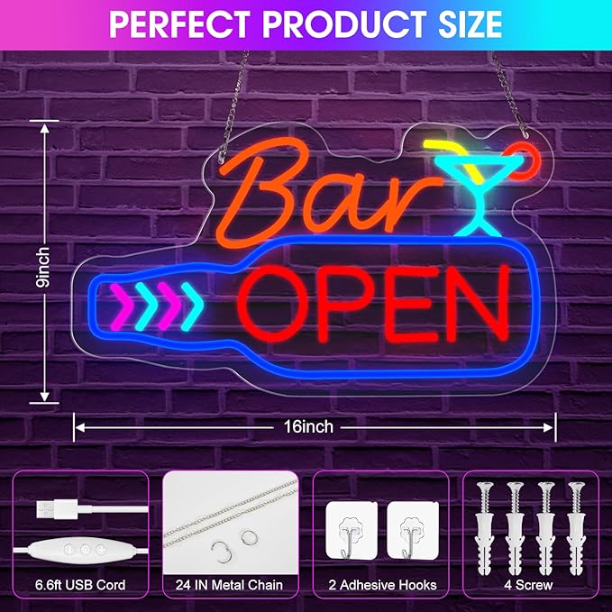 Bar Open Neon Sign, Super Bright 16''x 9'' Dimmable USB Powered LED Open Signs for Business Wall Decor Bar Pub Party, LED Light up Beer Signs
