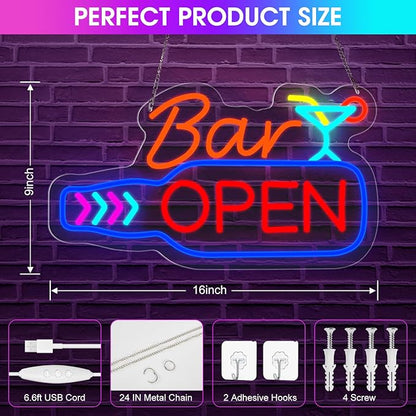 Bar Open Neon Sign, Super Bright 16''x 9'' Dimmable USB Powered LED Open Signs for Business Wall Decor Bar Pub Party, LED Light up Beer Signs