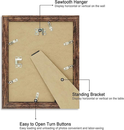 8x10 Picture Frame Set of 4, High Definition Glass Brown Frame, 8 x 10 Wood Rustic Picture Frames for Horizontal or Vertical Table Top and Wall Mounting