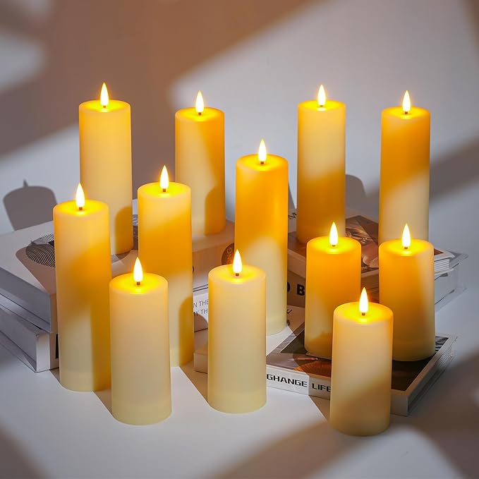 Da by 12 Pack Outdoor Waterproof LED Flameless Candles with Remote Control Timer, Realistic Flickering LED Pillar Candles for Wedding, Festival, Outdoor & Home Decoration-D 3'' H 4'' 5'' 6''7''
