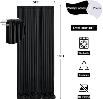 30 ft x 10 ft Wrinkle Free Black Backdrop Curtain for Parties, 6 Panels 10ft Polyester Black Photo Backdrop Drapes for Graduation Birthday Wedding Party Stage Curtains, Thick Bulk Background Curtains