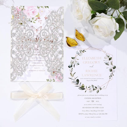 50Pcs Sliver Glitter Wedding Invitations with Envelopes and Rsvp Cards Ribbons Laser Cut Invitation Blank Inner Sheet Pearl Paper Tarjetas de Invitación Para Boda XV Anos Quinceañera Wedding Invite