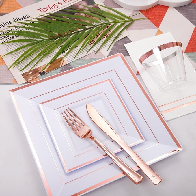 Festiva 350Pcs Rose Gold Plates and Napkins Party Supplies-Square White and Rose Gold Disposable Dinnerware include Plates Cups Cutlery Napkins for 50 Guests Wedding &Party&Mother's Day