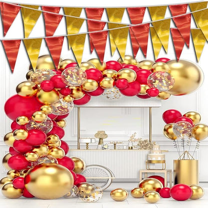 40M/130FT Red Gold Triangle Pennant Banner Flag Metallic Fabric Bunting Garland for Christmas Graduation Anniversary Birthday Engagement Wedding Anniversary Casino Party Decorations Supplies