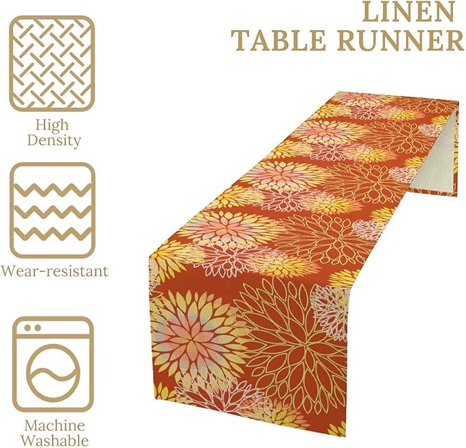 Yellow Floral Table Runner, Chrysanthemum Autumn Spring Summer Vintage Modern Linen Geometric Table Runner for Kitchen Living Room Bedroom Party Holiday, 13x70 Inch