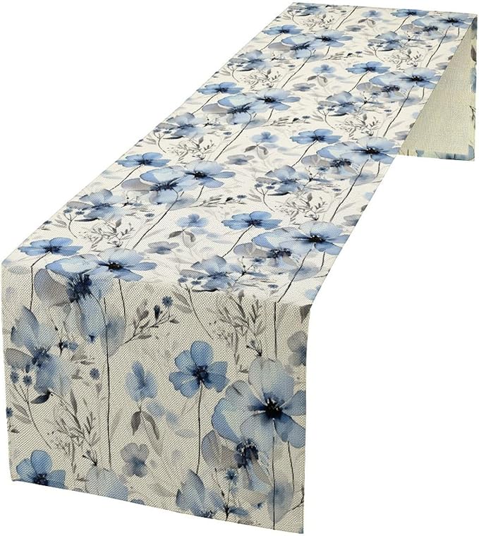 Watercolor Floral Table Runner, Blue Poppy Flower Seasonal Spring Summer Table Runner for Kitchen Dinning Table Runner Decor Home Wedding Party Holiday, 13x36 Inch