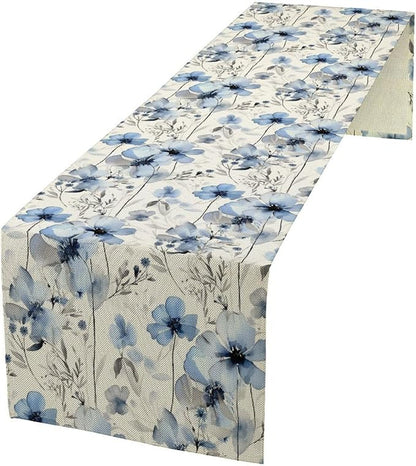 Watercolor Floral Table Runner, Blue Poppy Flower Seasonal Spring Summer Table Runner for Kitchen Dinning Table Runner Decor Home Wedding Party Holiday, 13x36 Inch