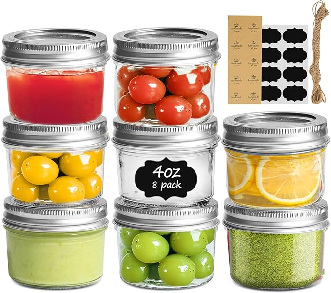 ComSaf Mini Mason Jars 4oz - 8 Pack, Regular Mouth Mason Jar with Lids and Seal Bands, Small Glass Canning Jar for Spice, Jam, Honey, Jelly, Dessert, Shower Wedding Favors, DIY Candles Decor
