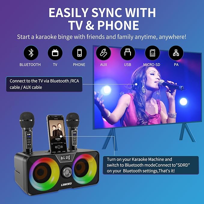 Karaoke Machine for Adults and Kids with 2 UHF Wireless Microphones,Portable Bluetooth Speaker PA Speaker System with LED Party Lights for Home Party, Picnic,Car,Outdoor/Indoor/Birthday Gifts
