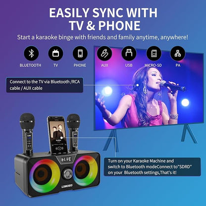 Karaoke Machine for Adults and Kids with 2 UHF Wireless Microphones,Portable Bluetooth Speaker PA Speaker System with LED Party Lights for Home Party, Picnic,Car,Outdoor/Indoor/Birthday Gifts