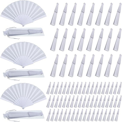 Wenqik 80 Pcs Wedding Folding Hand Fans Bulk Silk Fabric Chinese Handheld Foldable Clack Fans with Plastic Ribs for Party, Wedding Gifts, Line Dancing, Home Decorative (White)